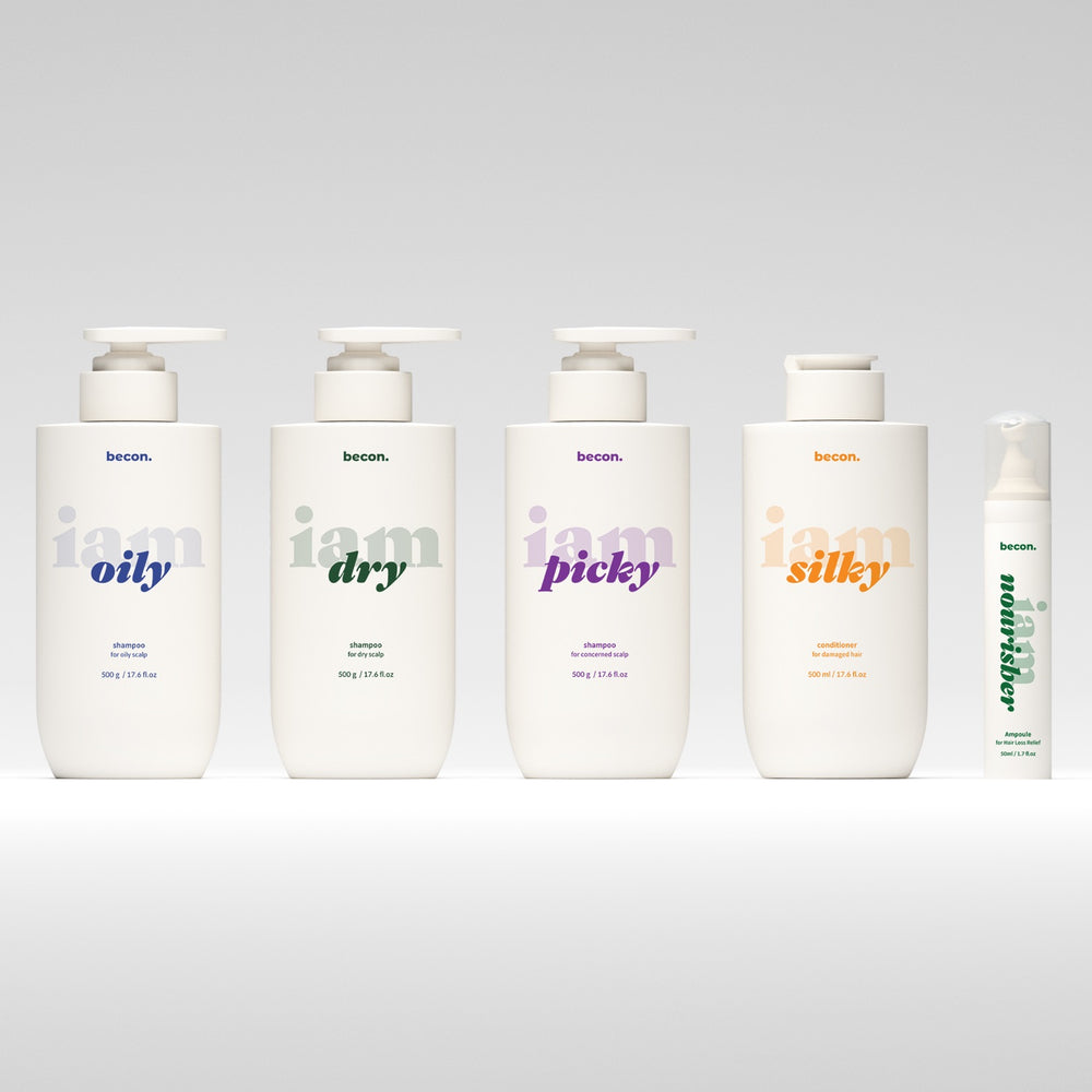 Becon three-step Korean scalp care set — I am Oily, I am Dry and I am Picky shampoos with the I am Silky conditioner and I am Nourisher scalp ampoule