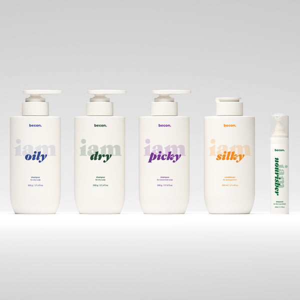 Becon three-step Korean scalp care set — I am Oily, I am Dry and I am Picky shampoos with the I am Silky conditioner and I am Nourisher scalp ampoule