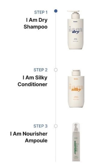 The three steps in the Becon set: I Am Dry shampoo, I Am Silky conditioner, I Am Nourisher scalp ampoule