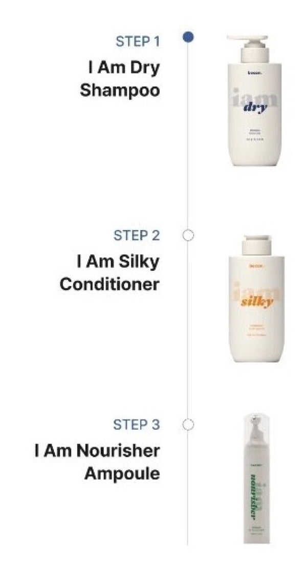 The three steps in the Becon set: I Am Dry shampoo, I Am Silky conditioner, I Am Nourisher scalp ampoule