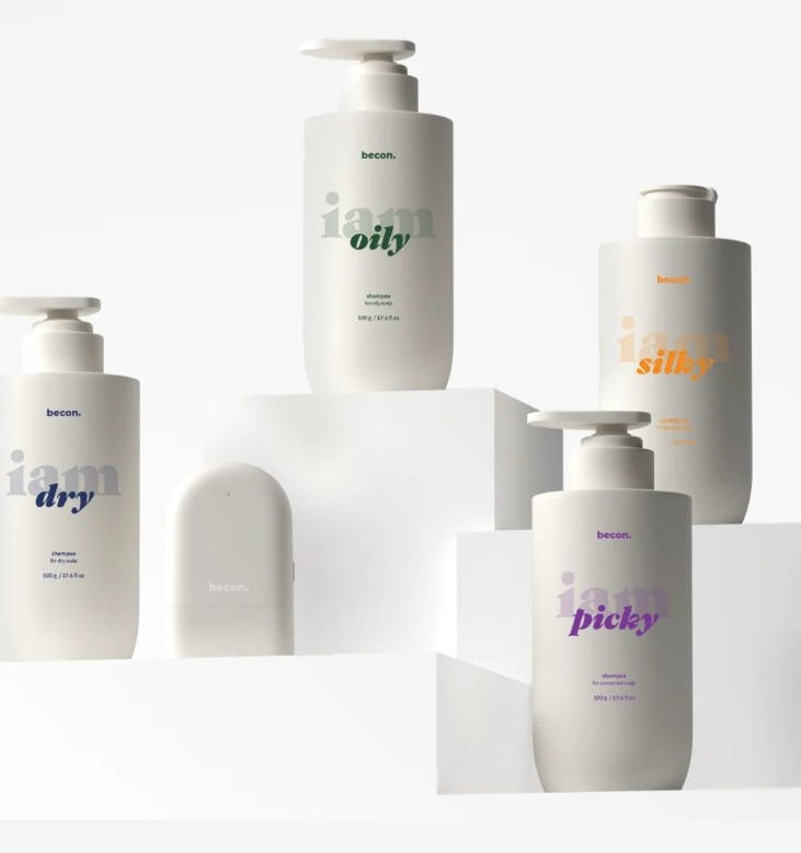 Becon three-step Korean scalp care set — I am Oily, I am Dry and I am Picky shampoos with the I am Silky conditioner and I am Nourisher scalp ampoule